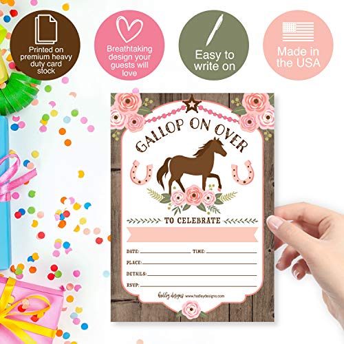Image of Hadley Designs Kids Birthday Invitations Girl Pony Theme - 25 Horse Birthday Party Invitations For Girls, Gallop on Over Invites For Girls, Cute Ranch Party Supplies, Made in USA