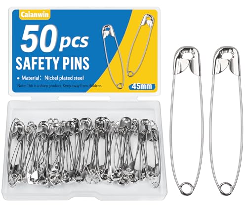 Caianwin 50 Stück Sicherheitsnadeln 45 mm Sicherheitsnadel groß mit Praktischer Box Safety Pins für Befestigen und Nähen von Kleidung und Handarbeiten Schmuckherstellung