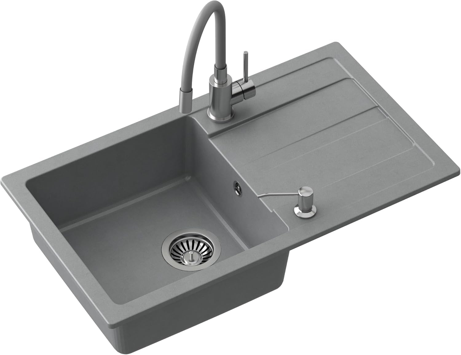 QUADRON Fregadero de granito READY-MAX de granito, 77 x 44 x 17,5 cm, gris, juego de fregadero, grifo de cocina, sifón y dispensador de jabón