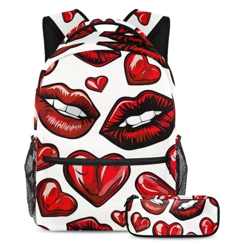 Sac à dos avec trousse à crayons Art Lèvres rouges et cœur pour étudiants