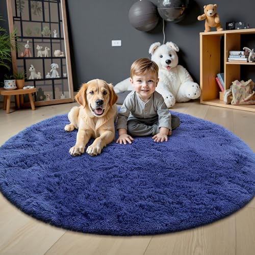 OLANLY Navy Blue Round Rugs for Bedroom - Machine Washable, 4 ft Circle Area Rugs for Living Room, Soft and Fluffy Shaggy Carpet for Teen Girls and Boys, Nursery Rooms, Dorms, Home Decor Aesthetic