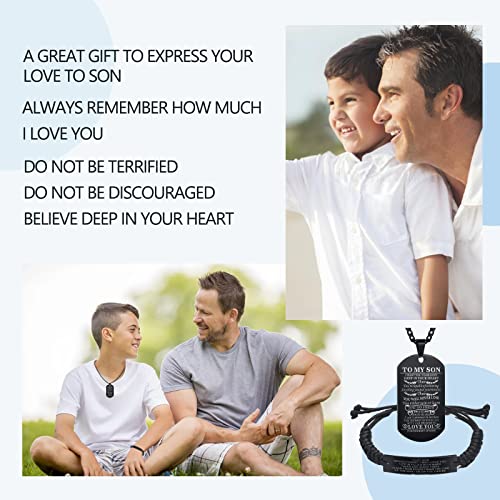 Pack Of 2 To My Son Necklace From Mom And Dad With Personalized Braided Bracelet Dog Tags Pendant Inspirational Son Bracelets Black Stainless Steel Birthday Graduation Christmas Valentine’s Day Gifts #TOP6