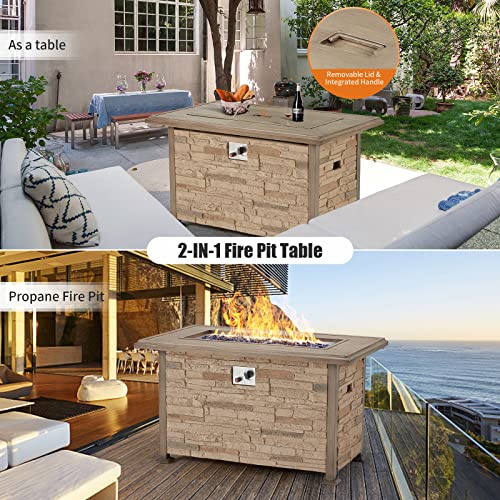 Vicluke 44 Inch Aluminum Propane Fire Pit Table W/Faux Ledgestone, Hand-Painted Table Top, 50,000 Btu Fire Table W/Csa Certification,Waterproof Cover,Glass Rock For Outdoor,Patio,Christmas(Brown) #TOP3