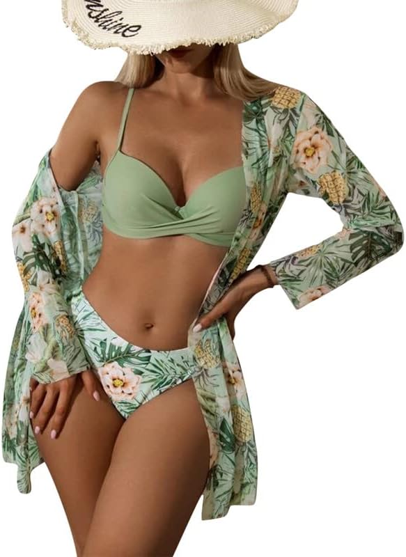 BFACCIAWomens 3 Piece Bikini Sets Sexy Triangle Bikini Bathing Suits Women's Wrap Print High Waisted Twist Front Swimwear Top Padded Swimsuit Beachwear Sarong
