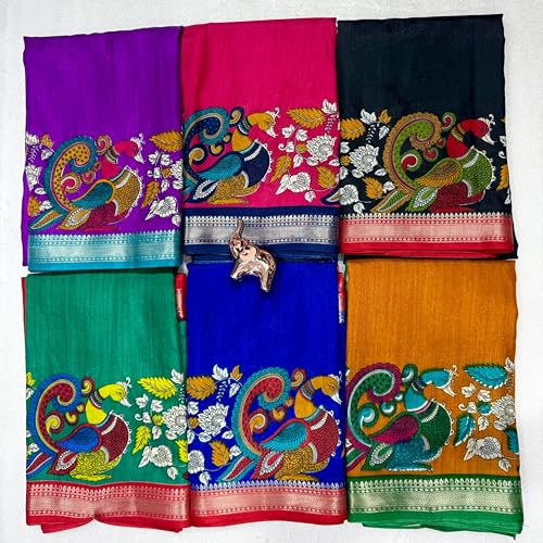 Image of Kalamkari Floral Prints Dola Silk Saree With Rich Zari Border Designer Pallu Attach Blouse Piece