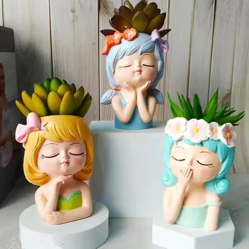 Head Planter Pot Resin Succulent Planter Little Girl Flower Pot, Human Face Cactus Plants Container Bonsai Holder Thumb Pot Fairy Figurine Statue Planters with Drainage Decor Gift (Colorful)-image-8