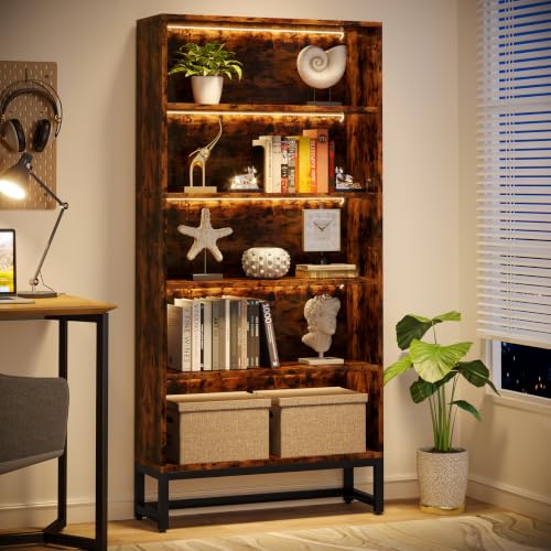 Image of Tribesigns Tall Bookcase and Bookshelf, 70.8 inch Large Bookcases Organizer with LED Lights, Heavy Duty Free-Standing Library Bookshelf with 5-Tier Storage Shelves for Living Room, Bedroom (Rustic Brown)
