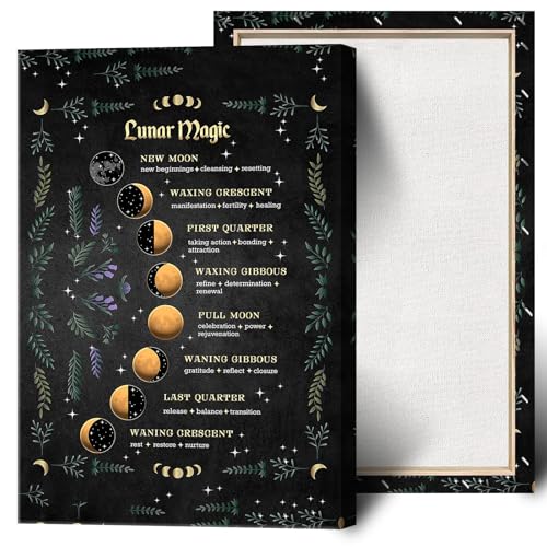 Viokalt Trendy Moon Magic Wall Art Lunar Cycle Infographic Canvas Posters Universe Starry Sky Moon Phase Changes Prints Painting For Home Bedroom Dorm Wall Decor 12x16in Framed