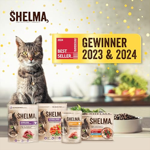 Shelma Katzen-Nassfutter Fleisch und Fisch Multipack mit den Sorten Rind, Lachs, Huhn und Kabeljau – Getreidefreies Alleinfuttermittel mit hohem Fleischanteil – 12 x 85 g (1,02 kg)