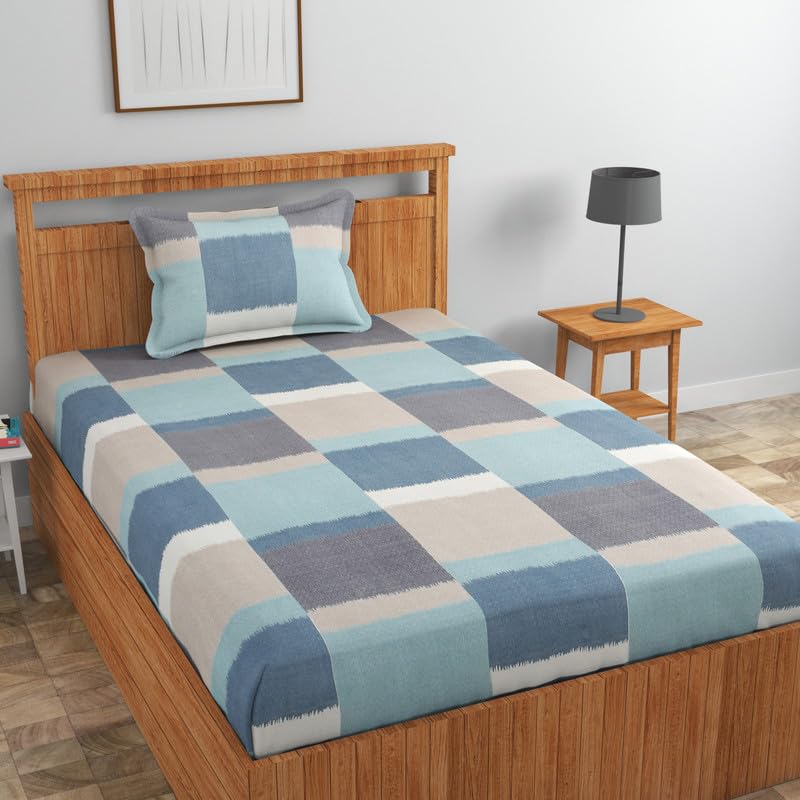 Image of NEW LEAF Pure Cotton 220 tc Flat Single Bedsheets for Summer Breathable | Wrinklefree | Super Soft (Size-60 X 90 Inch) with 1 Pillow Covers (Size-17 X 27 Inches, Floral, Grey Blue