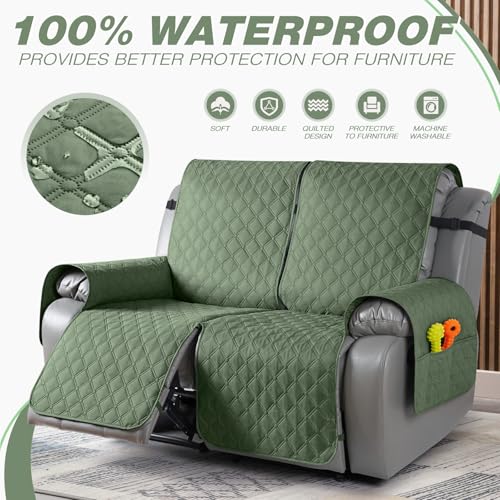 Image of TAOCOCO 100% Waterproof Recliner Covers, Recliner Sofa Covers with Leg Straps, Reversible Recliner Couch Cover for Reclining Chair, Washable Couch Protector for Pets Kids(2 Seater, Moss Green)