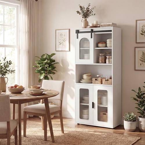 Image of Tangkula 59 inch Tall Bathroom Floor Cabinet, Freestanding Storage Cabinet with Sliding Barn Door & Open Shelves, Farmhouse Bathroom Storage for Kitchen, Living Room, Dining Room (White, 59 inch H)