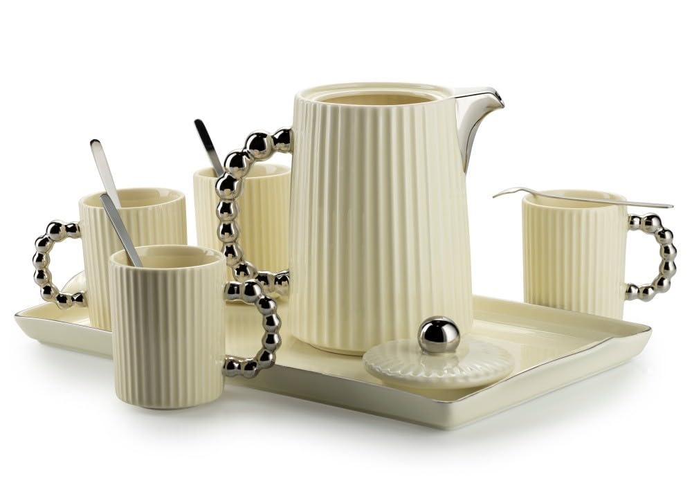 Service à café en céramique pour 4 personnes – Set avec théière, 4 tasses et plateau de service – Service à café crème avec poignée en métal – Idéal pour le service à café ou à thé