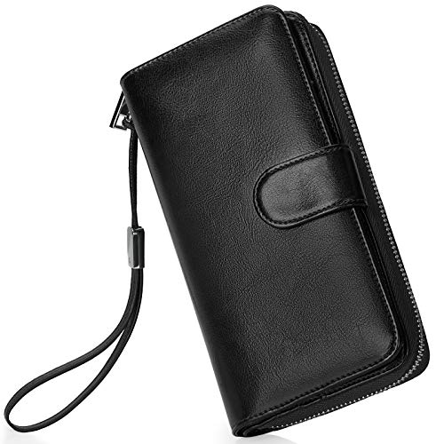 Womens RFID Blocking Genuine Leather Wallets Detachable Wristlet Clutch Vintage Wallet Multi Card Holder Travel Purse Black