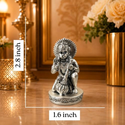 Image of Gold Art India Hanuman Idol 999 Silver Plated | 2.8 Inch Antique Matte Bajrangbali Murti with Velvet Gift Box for Home Temple, Office Desk & Car Dashboard