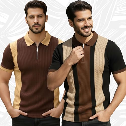 Image of AUSK Men's Retro Cable-Knit Quarter-Zip Polo | Premium Textured Self-Design Half Sleeve T-Shirt for Men
