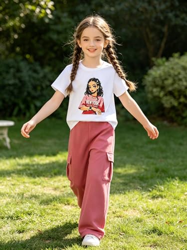 Image of Ayzozuy Kid Girl Clothes Outfits Figure Letter Graphic Tee Top + Flap Pocket Pants 2PC Clothing Set