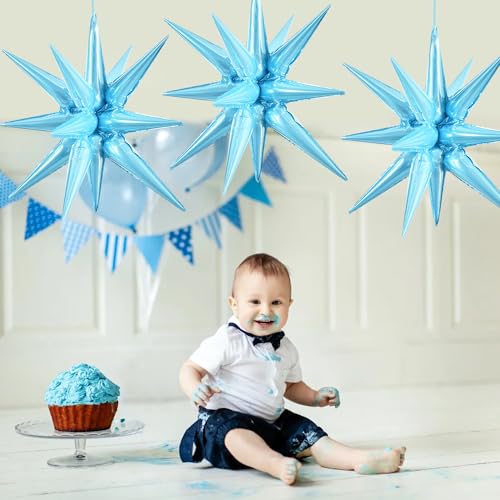 Image of TONIFUL 4 Pcs Star Balloons Light Blue Foil Explosion Party Decoration | 22 Inch Large Mylar Star Balloon for Christmas New Year Boys Birthday Party Wedding Baby Shower Photo Booth Supplies