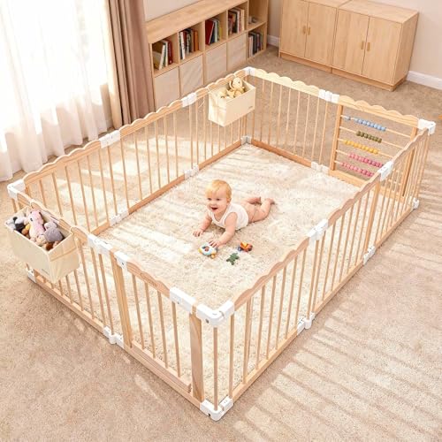 M MEEPO Corralito plegable para bebé, 86 x 57 x 25 pulgadas, forma y tamaño ajustables de madera para bebés con 2 bolsas de almacenamiento, patio de madera de pino natural para bebés, niños pequeños