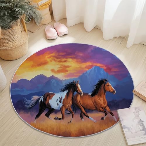 Genérico Alfombras Redondas Lavable 90 cm, Pintura Realista Animales Caballos Tema Alfombra Redonda para Sala de Estar Dormitorio Lavandería, Pelo Corto Antideslizante Alfombras, Púrpura
