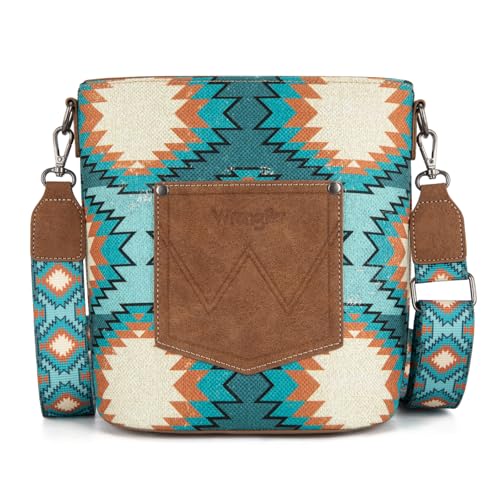 Image of Wrangler Aztec Crossbody Bags for Women Southwestern Print Canvas Shoulder Purse with Distressed Look and Adjustable Strap
