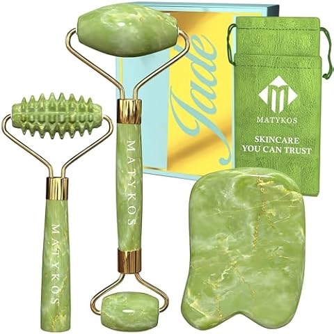 Jade Roller for Face and Gua Sha Set - 2 Anti-Aging Facial Rollers and Gua-Sha Facial Tool - Face and Body Massager for Your Skincare Routine - Massage Tools for Wrinkles and Lifting Cover