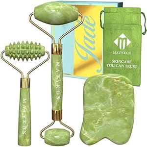 Certified Jade Roller for Face and Gua Sha Skin Care Tools by Matykos – Certified Green Xiuyan Stones – Anti Aging Massage Products for Lymphatic Drainage and Wrinkles