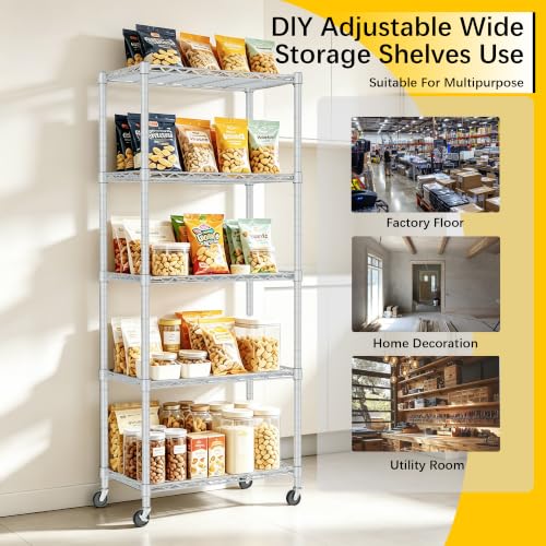 Image of REGILLER 5-Wire Shelving Metal Storage Rack Adjustable Shelves,Standing Storage Shelf Units for Laundry Bathroom Kitchen Pantry Closet(Silver,11.8 inch D x 21.2 inch W x 55 inch H,With Wheels)