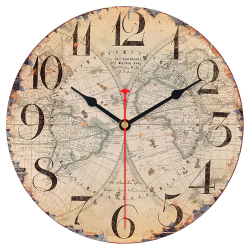 VIKMARI Wanduhr Vintage Holz wanduhr Ohne Tickgeräusche, Runde Rustikale Vintage wanduhr Dekoration für Küche Wohnzimmer Schlafzimmer Büro Schule, Karte Muster, 30CM/12Zoll