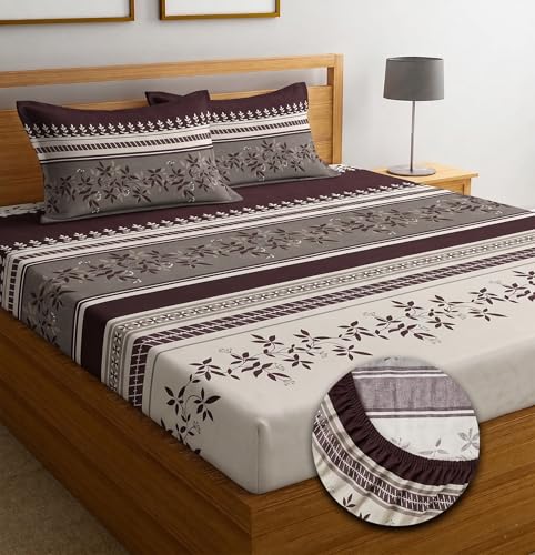 Image of IVAZA Ezyption Cotton Super Soft 240 TC Elastic Fitted All Around Elastic Printed King Size Double Bed Bedsheet with 2 Pillow Cover 72 inch X 78 inch3 Wine Floral