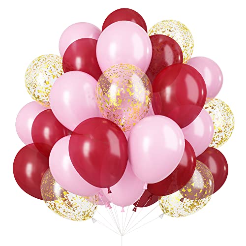 Ballons Rouge Rose, 30 Pcs Ballons Anniversaire Rouge Rose, Ballons Helium Rose Clair De Vin Rouge Ballon De Confettis Or Pour Decoration Anniversaire Ballons Marriage Balllons Baby Shower Fête Deco Cover