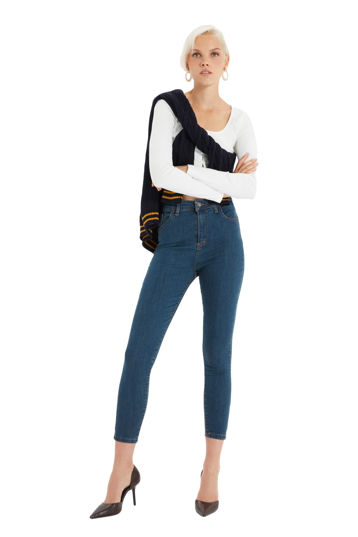 Trendyol Damen Navy Blau Lacivert Hohe Taille Skinny Jeans, Marineblau, 34 Eu