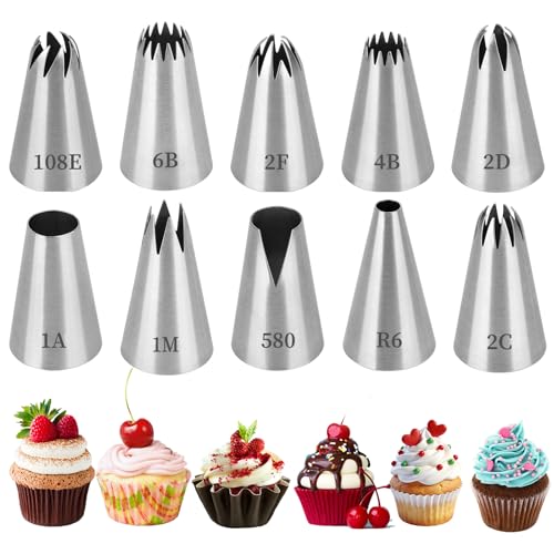 SINZONeu® Set de 10 Douilles Pâtisserie Professionnelles en Inox - Embouts pour Poche à Douille, Décoration Gâteaux & Cupcakes (Cannelée/Étoile/Rosace)