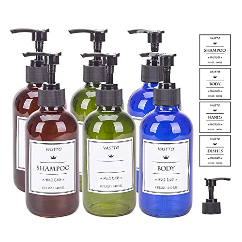 SUNNOW Vastto 8 Ounce Multicolor Glass Refillable Container with 7 Pumps and 10 Labels,Pumb Bottle for Essential Oil,Lotion,Hand Sanitizer,Body Wash,Organic Beauty Products,Set of 6(Deep-hued)