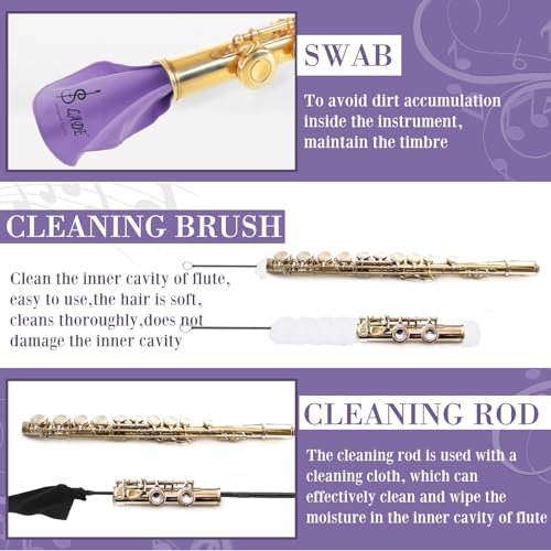 Image of Vesici 40 Pcs Flute Cleaning Kit, Flute Care Accessories Set,Purple | Portable Music Accessory Organization with Cleaning Rod, Swab, Brush, Grease, Case, Thumb Rest Cushion for Flute Maintenance