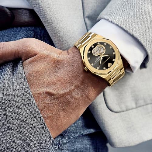 Image of PIERRE RICHARDSON PR5922 Men's Watch, Black Dial, 24K Pure Gold Plated, Automatic, Sapphire Glass, 41mm, 10ATM