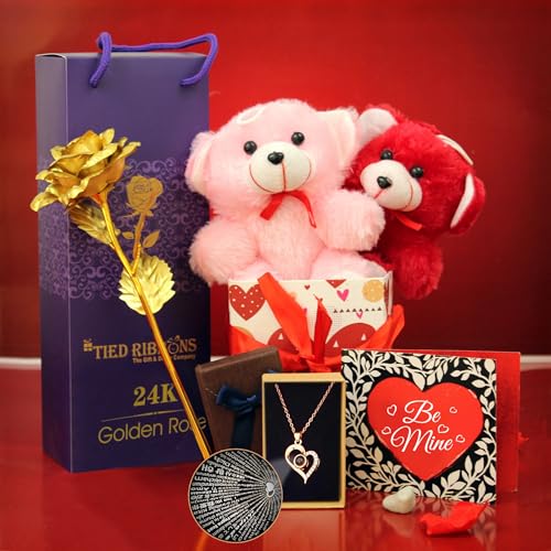 TIED RIBBONS Valentine Gift for Girlfriend Wife Girls Women - Romantic Teddy Bear Card Pendant and Artificial Golden Rose Flower with Box Hamper,Silk