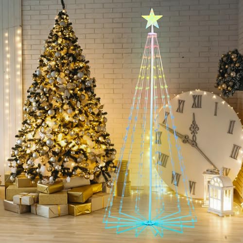 6ft Smart Lighted Christmas Tree 265 LED RGB Outdoor Christmas Cone Tree Music Sync Remote APP Control Timer Dimmable Artificial Xmas Tree for Porch Yard Patio Indoor Decoration