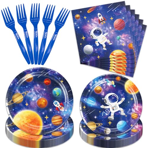 96Pcs Space Birthday Decorations Solar System Paper Plates and Napkins Supplies for Astronaut Baby Shower Decor Blue Galaxy Planet Birthday Tableware Set Space Themed Party Decorations