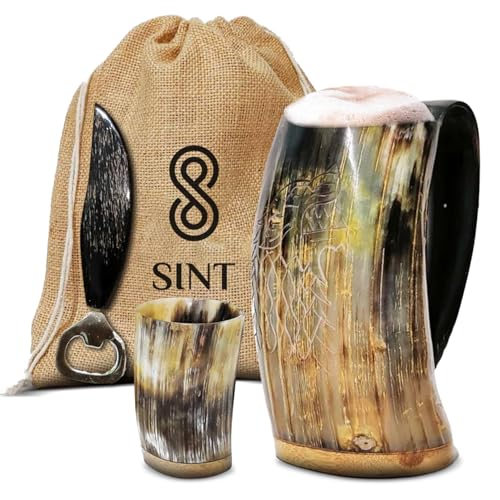 Viking Horn Mug With Gift Bag - Food Grade Medieval Style Man's Beer & Mead Cup (The Wolf/Fenrir-Engraved Natural)
