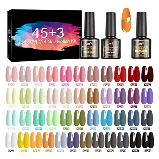 STINLAND 48 pcs de Esmalte Semipermanente, Pintauñas Semipermanentes Remojo con Base, Capa Superior Brillante y Mate, 45 Colores 8ML de Set Esmalte de Uñas Semipermanentes Para el diseño de las uñas