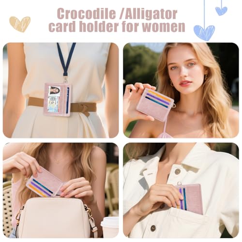 Image of Slim Credit Card Holder Crocodile Wallet Women Thin Wallets | Alligator Print RFID Blocking Minimalist Lightweight Pocket Small Cute Cards Holders ID Window, Pink Croc