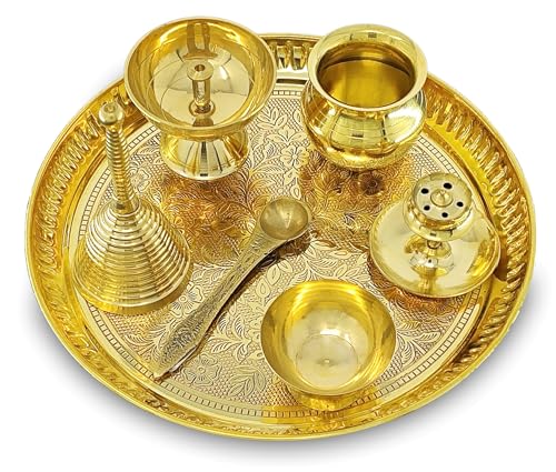 Image of BENGALEN Brass Pooja Thali Set 8 Inch Puja Thali with Pital Plate Kalash Piyali Diya Ghanti Dhup Dan Chandan Wati Palli Arti Thali for Diwali Home Office Mandir Wedding Return Gift Items