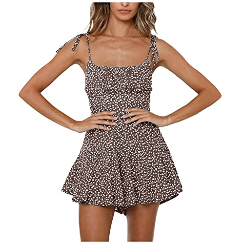 Genérico De Vestido Mini Vestido de Chaleco con Estampado de Escote de Verano Sexy para Mujer Mono de Pierna Ancha Mallas Correr Mujer (Brown, S)