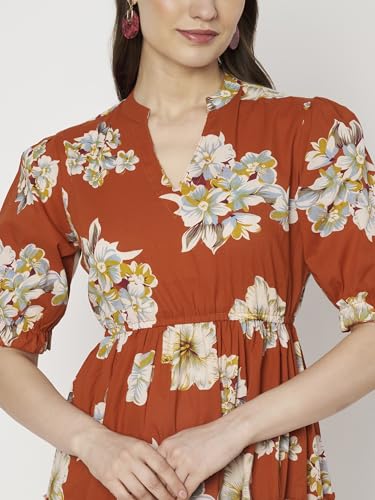 Image of PIDAVLIYA'S Women's Floral Summer Maxi Dress I Cotton Printed I One Piece Bodycon Midi Dress with V-Neck, Puffed Sleeves