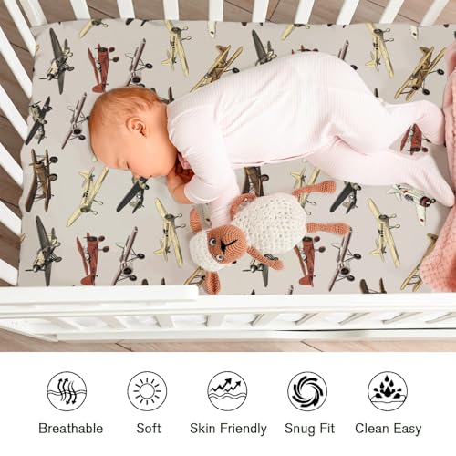 Image of Vintage Airplane Baby Crib Sheets for Boys Girls 52 inchx28 inch Retro Airplanes Transportation Travel Crib Mattress Covers Snug Fitted Soft Breathable Baby Sheets for Standard Crib and Toddler Mattresses