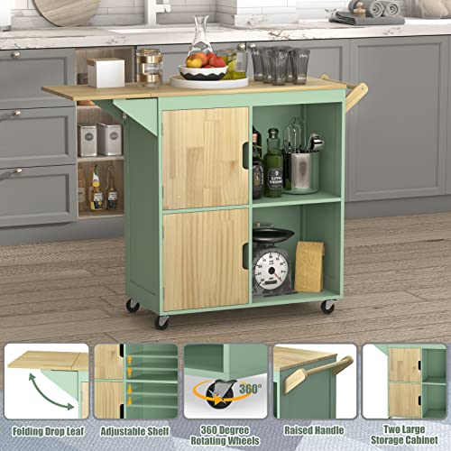 Usinso Rolling Kitchen Island, Kitchen Island Storage Cabinets On Wheels With Drop Leaf Countertop, Handle Racks, Caster Liquor Cart Suitable For Placing (Green) #TOP3