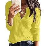 iHENGH Tshirts Frauen Komfortable Tops,Casual Trendy Swiss Dot Oberteil,Lässiges Einfarbig V-Ausschnitt Langarm Bluse,Locker Tunika Sommershirts Langshirt Hemdbluse（Gelb，4XL）