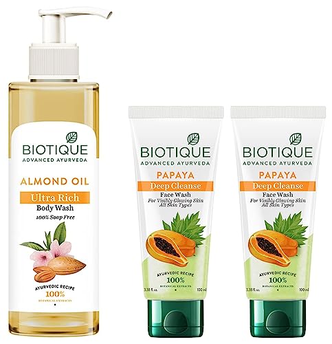 Image of Biotique Papaya Deep Cleanse Face Wash For Visibly Glowing Skin All Skin Types 2x100ml & Biotique Almond Oil Ultra Rich Body Wash 200ml