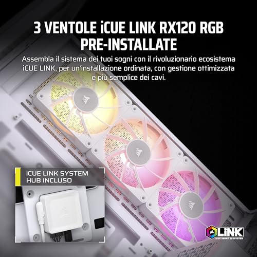 CORSAIR iCUE LINK 3500X RGB Mid-Tower ATX Case per PC a Doppia Camera - Vetro Panoramico Temperato - Compatibile con Scheda Madre a Connessione Inversa - 3x Ventole CORSAIR RX120 RGB Incluse - Bianco - Case PC - Immagine 4